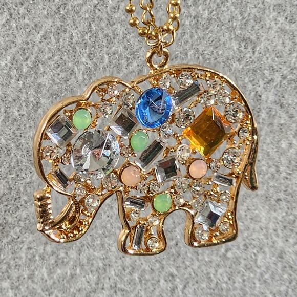 Crystal Embellished Elephant Gold Tone Double Chain 15" Drop Pendant Necklace - Picture 5 of 16